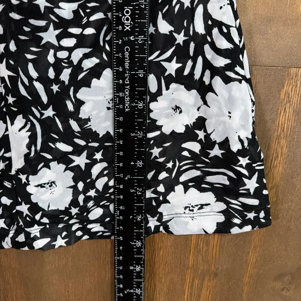 Cabi Womens Blouse Black Gray Floral Round Neck Sleeveless Sheer Stretch Small